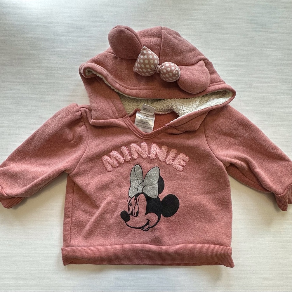 Disney Baby Pink Minnie Mouse Pullover Sherpa Hoodie Baby‎ Girls 3-6 Months Bow